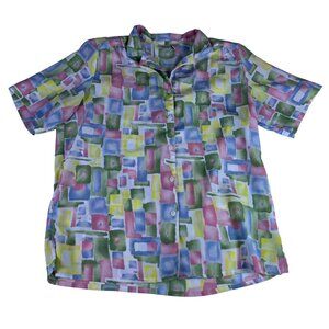 Allison Daley Crinkle Button Up Shirt Women's 14 Colorful Pastel Shoulder Pads